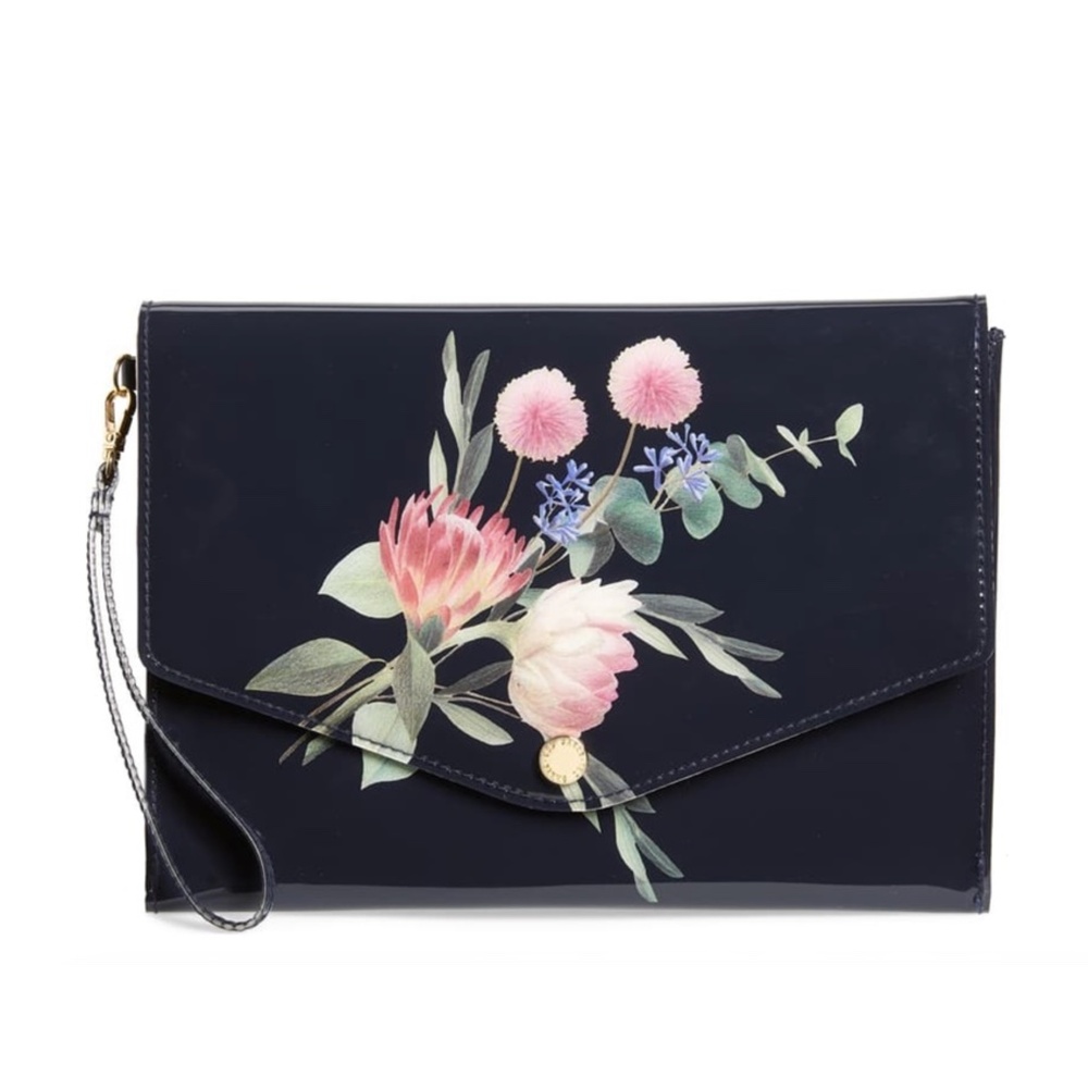 TED BAKER LONDON - Flourish Envelope Pouch Navy Patent PVC Pastel Flower Clutch